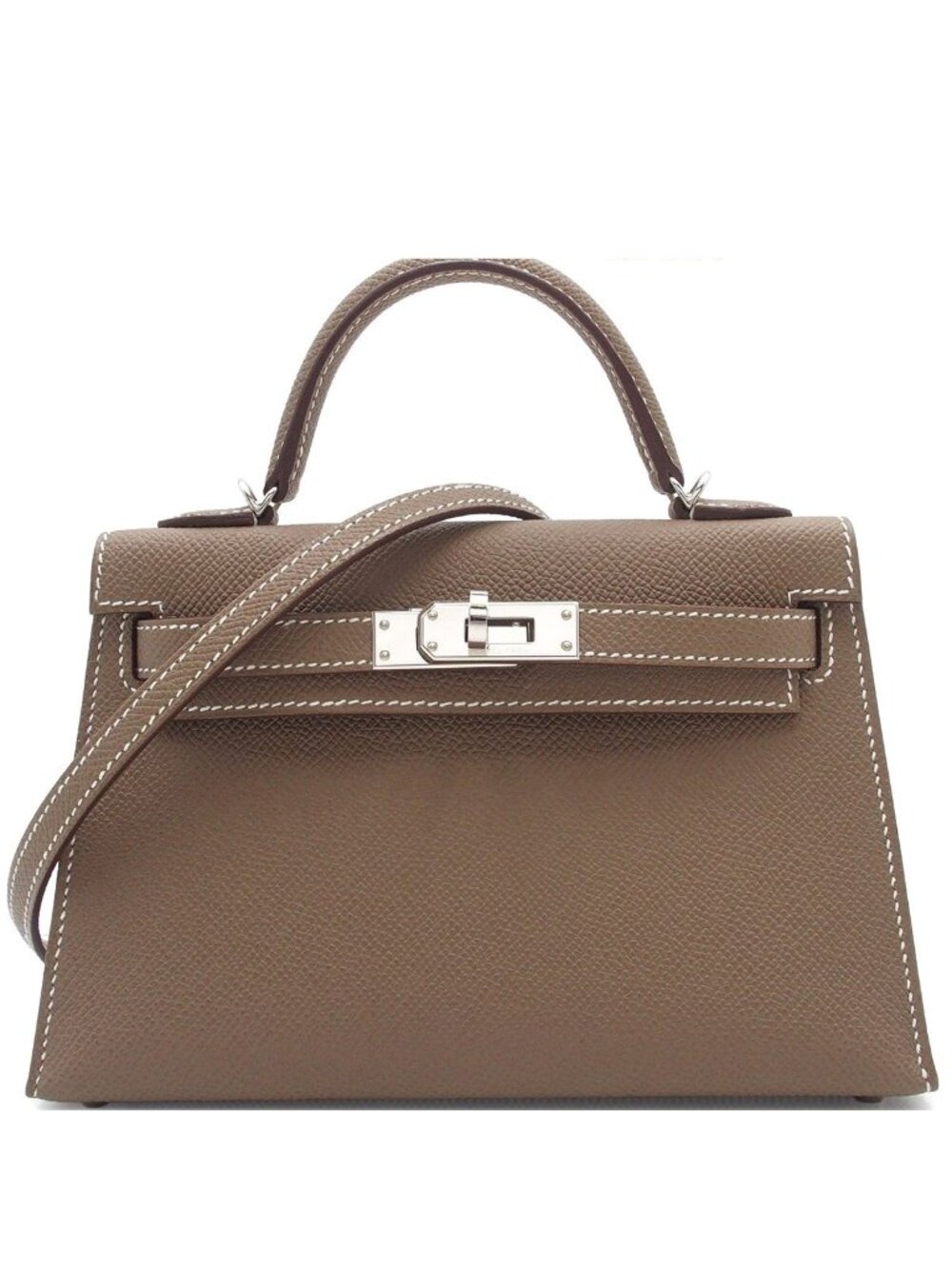 Hermes Mini Kelly 2 Etoupe Silver Epsom Sellier 2-Way Shoulder Bag